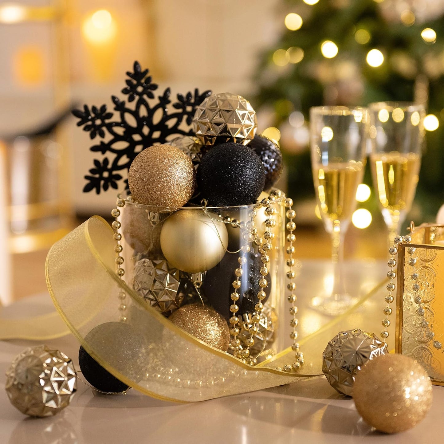 Valery Madelyn Christmas Tree Decorations Ornament Set for Fall Halloween, 50ct 2.36 Inches Black and Gold Shatterproof Christmas Ball Ornaments Hanging Xmas Holiday Party Decor