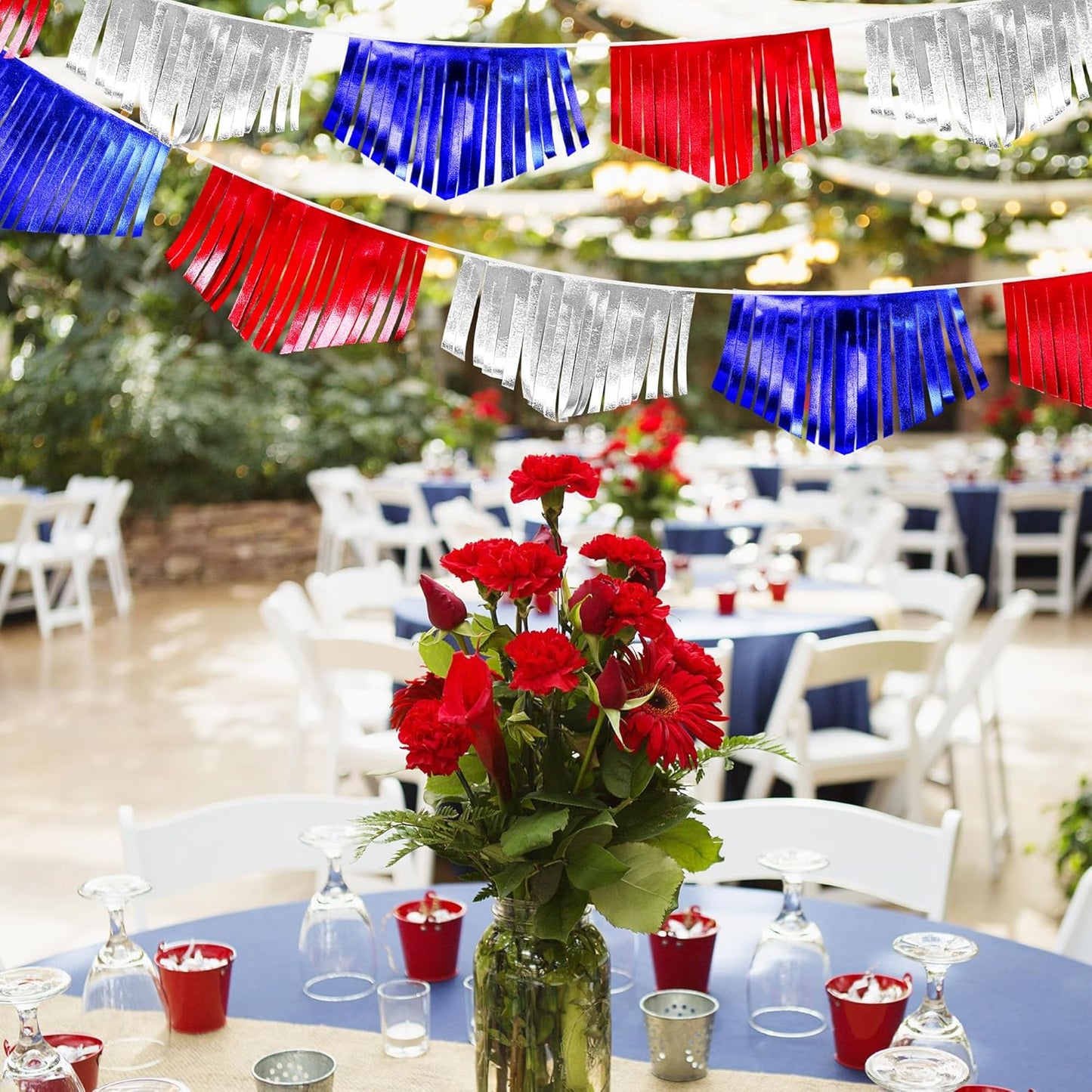 Blue Red Silver Tassel Banner Metallic Fabric Pennant Bunting Flag for 4th of July American USA National Day Patriotic Veterans Graduation Wedding Birthday Retirement Nautical Party Decorations