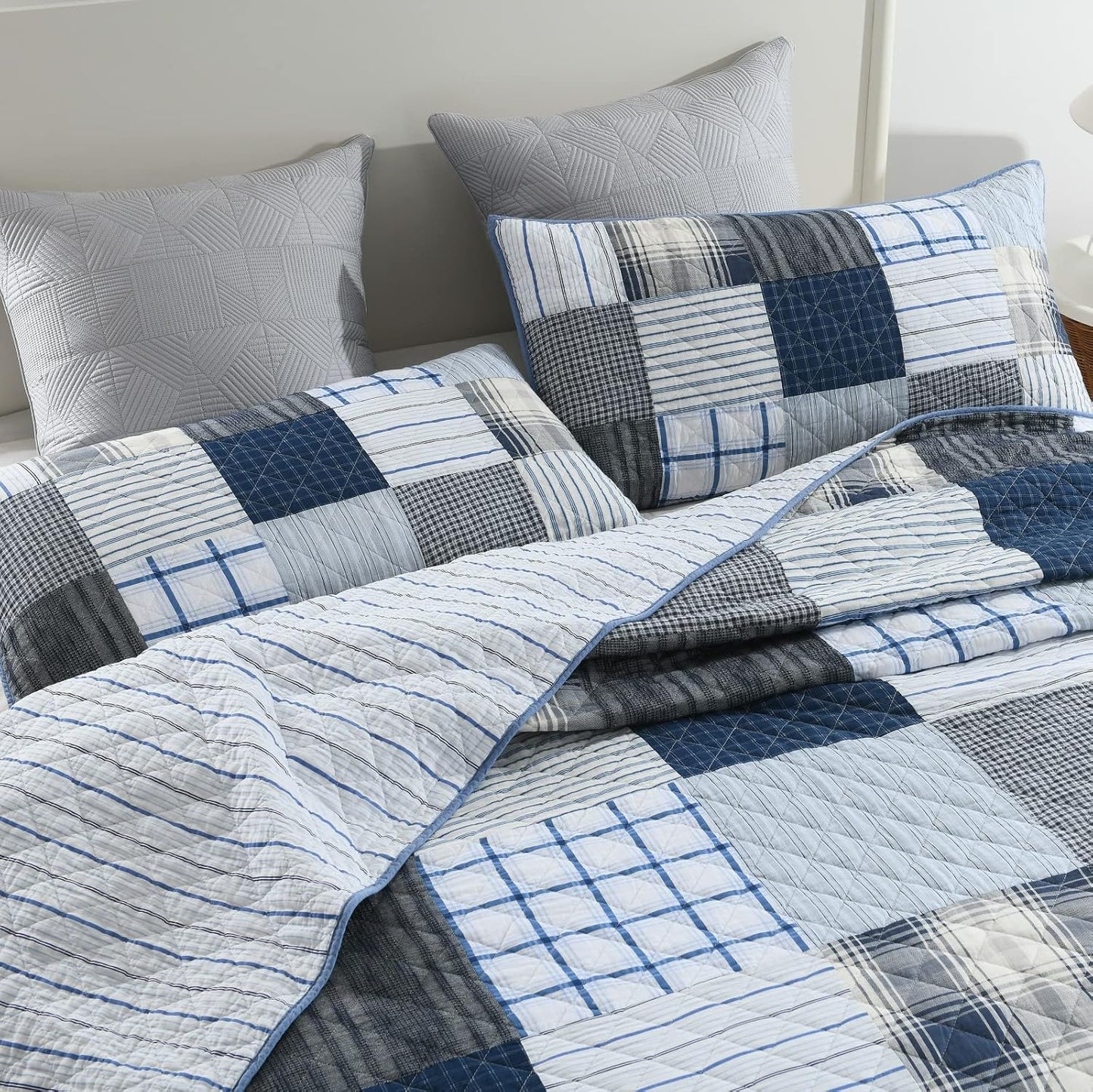 Yvooxny King Quilt Set Bedspread Reversible Plaid Grid Quilted Bedspread 3-Piece Real Patchwork Quilt Bedding Set with Pillowcases for All Seasons, King Size, 108 * 96 Inches