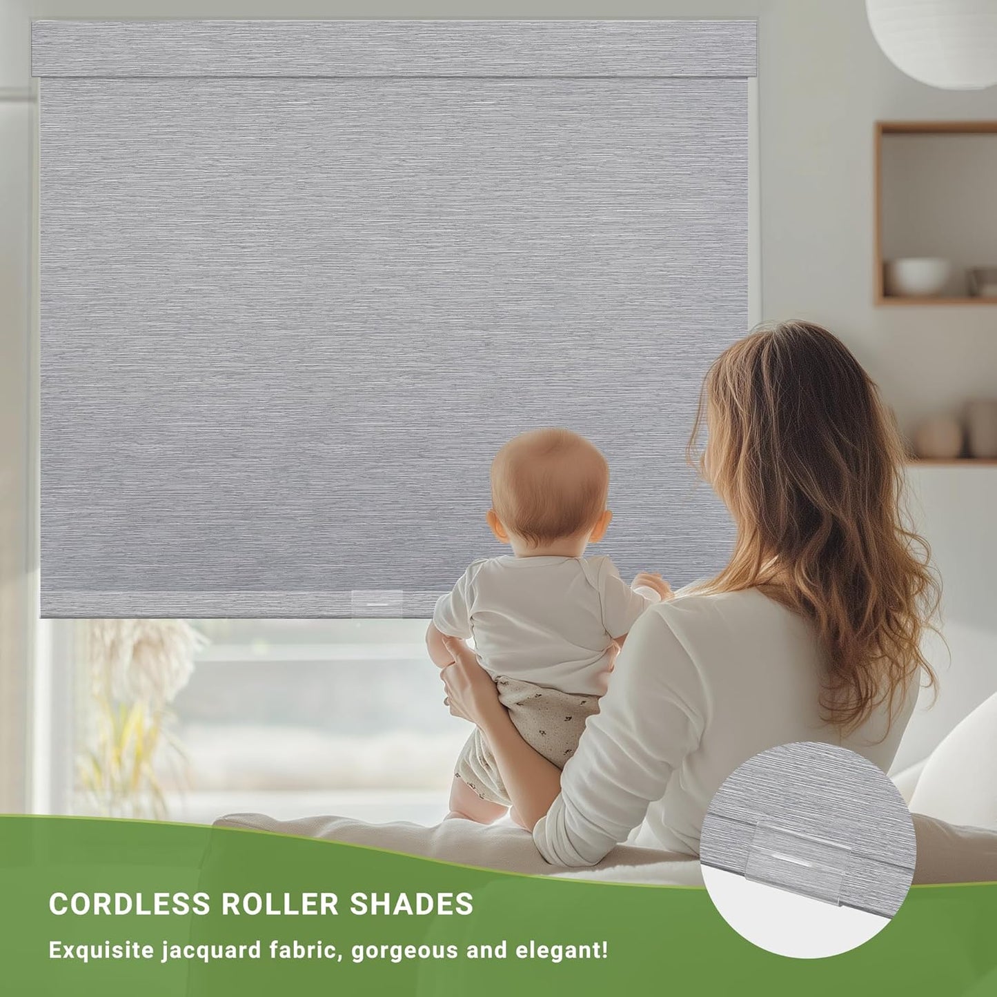 Blackout Roller Shades for Indoor Windows, Cordless Jacquard Fabric-Matched Roller Blinds, Easy to Install Privacy UV Protection Roll Up Blinds for Home Office, Grey, 34" W x 72" H