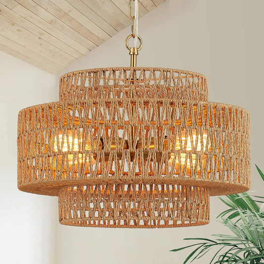 Hand-Woven Rattan Chandelier Vintage 4-Light 17.7" Farmhouse Boho Bamboo Chandelier Light Fixture Retro 3-Tier Drum Wicker Rattan Golden Chandeliers for Dining Room, Kitchen Island, Bedroom