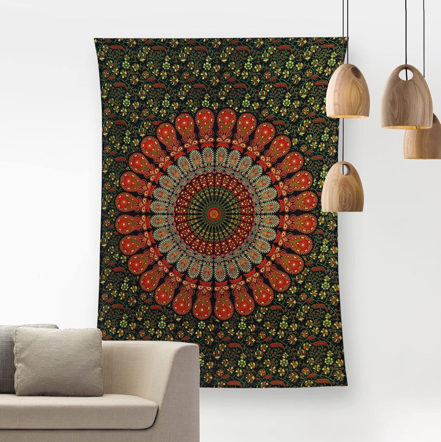 Bless International Handmade Indian hippie Bohemian Psychedelic Peacock Mandala Wall hanging College Dorm Beach Throws Table Cloth Bedding Tapestry (Golden Green, Poster(30x40Inches)(76x101cms))