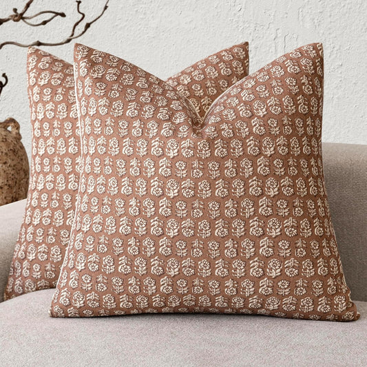 Foindtower Set of 2 Decorative Vintage Floral Print Throw Pillow Covers Neutral Farmhouse Cushion Covers Boho Home Decor for Sofa Couch Chair Bedroom Living Room Outdoor,22×22 Inch,Light Orange Brown