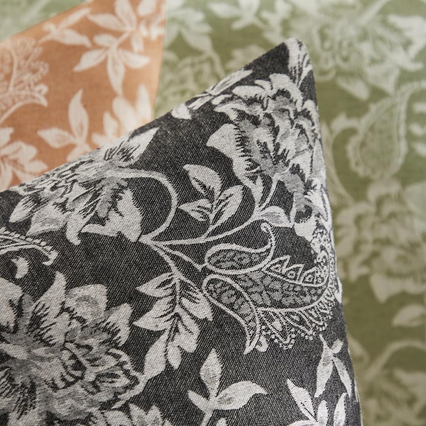 Floral Jacquard Throw Pillow Covers Set of 2, Background/Charcoal 24x24 Inch, Farmhouse Decorative Cotton Dark Grey Cushion Covers for Sofa Bed Living Room Home Decor