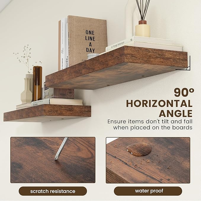 Deep Floating Shelves, 12 Inch Deep Rustic Floating Shelves for Wall Set of 2, 36W x 12D Large Wood Shelves for Living Room Bathroom Laundry Room Bedroom Kitchen Home Office - Rustic Brown