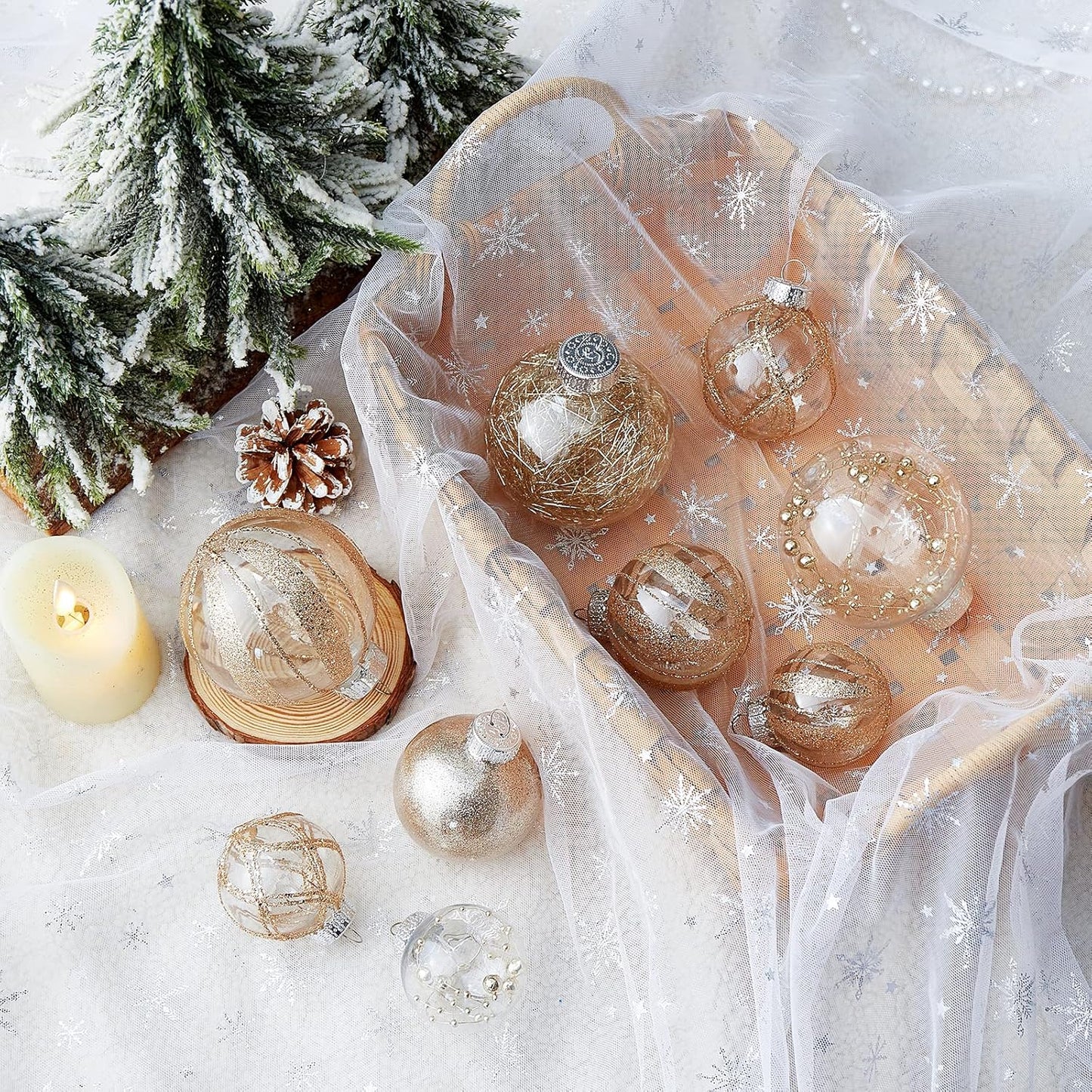 Clear Christmas Ball Ornaments,24ct Shatterproof Plastic Decorative Christmas Ornaments Hanging Xmas Tree Baubles Set with Stuffed Delicate Glittering Decorations for Holiday Party Decor (Champagne)