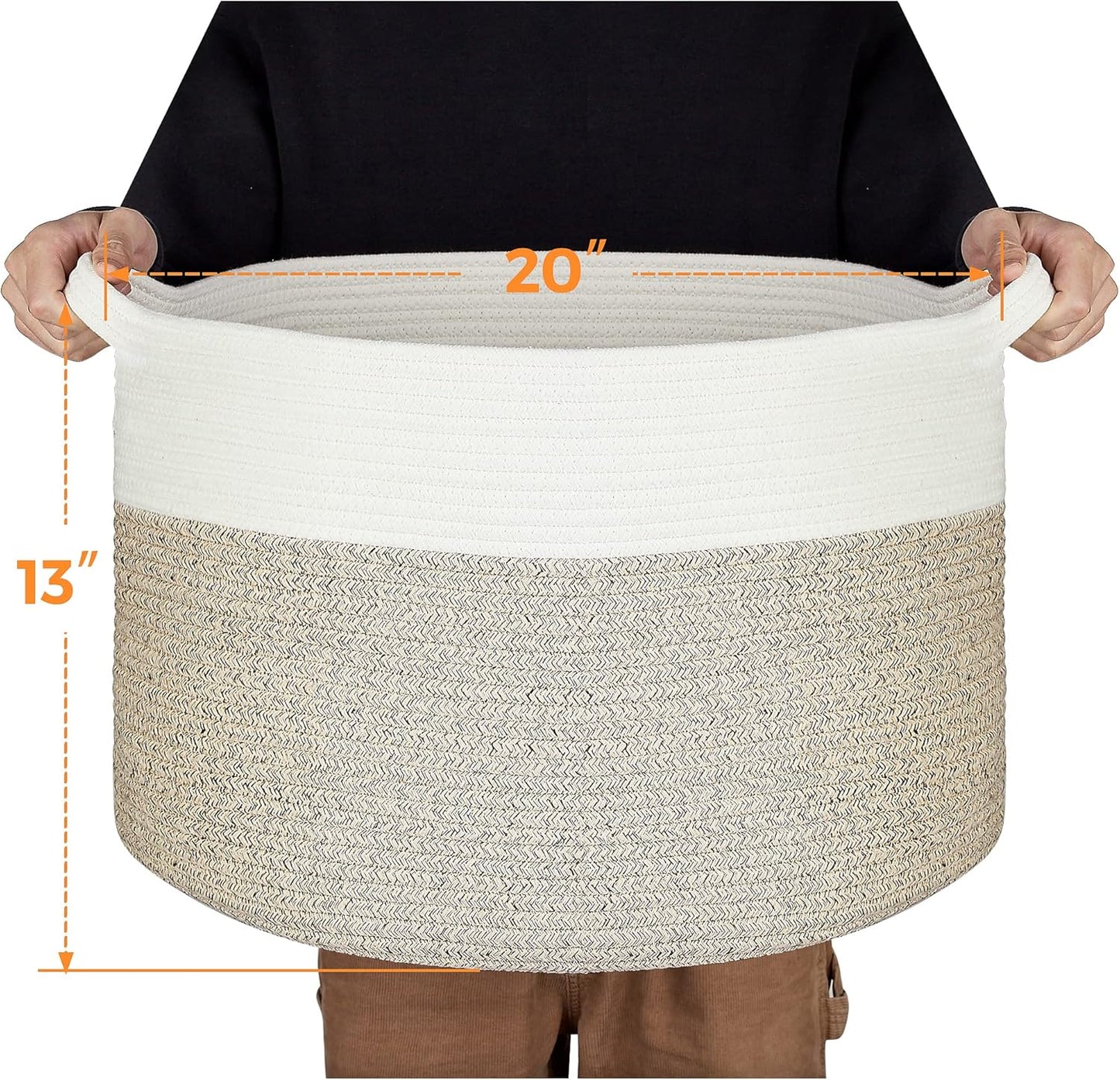 Ravinte Blanket Basket - 20"x 20"x 13" Cotton Rope Basket for Living Room, Baby Toy Storage Basket, Large Woven Laundry Basket (White-Light Brown)