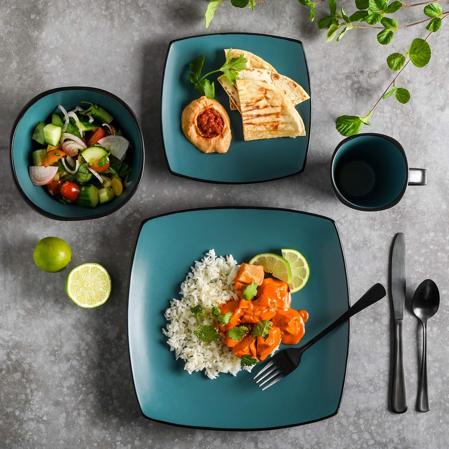 Gibson Elite Soho Lounge Square Reactive Glaze Stoneware Dinnerware Set, Service for 4 (16pc), Matte Jade