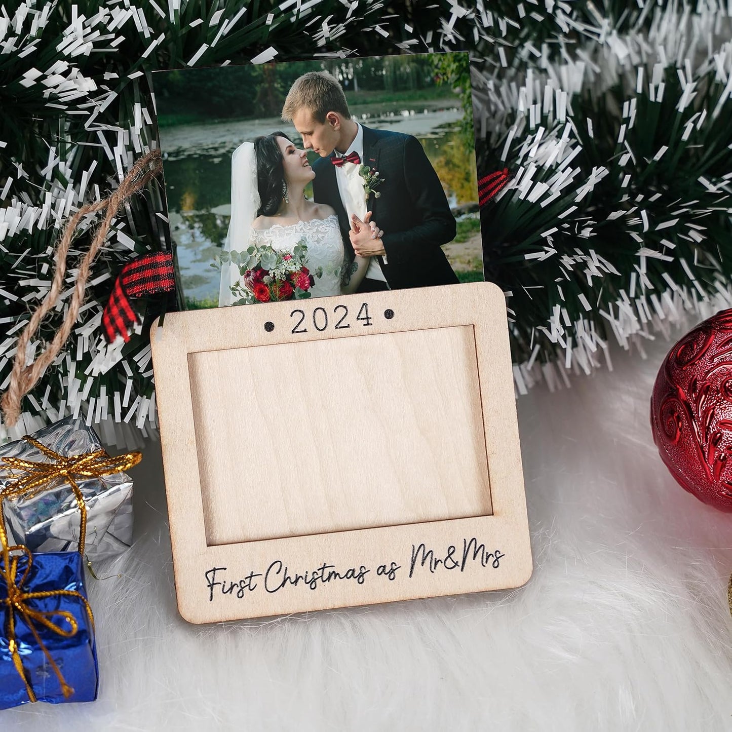 Christmas Photo Frame Ornament, 2024 Ornament, Wooden Picture Frame Ornaments With Hanging String (First Christmas As Mr & Mrs (Landscape))