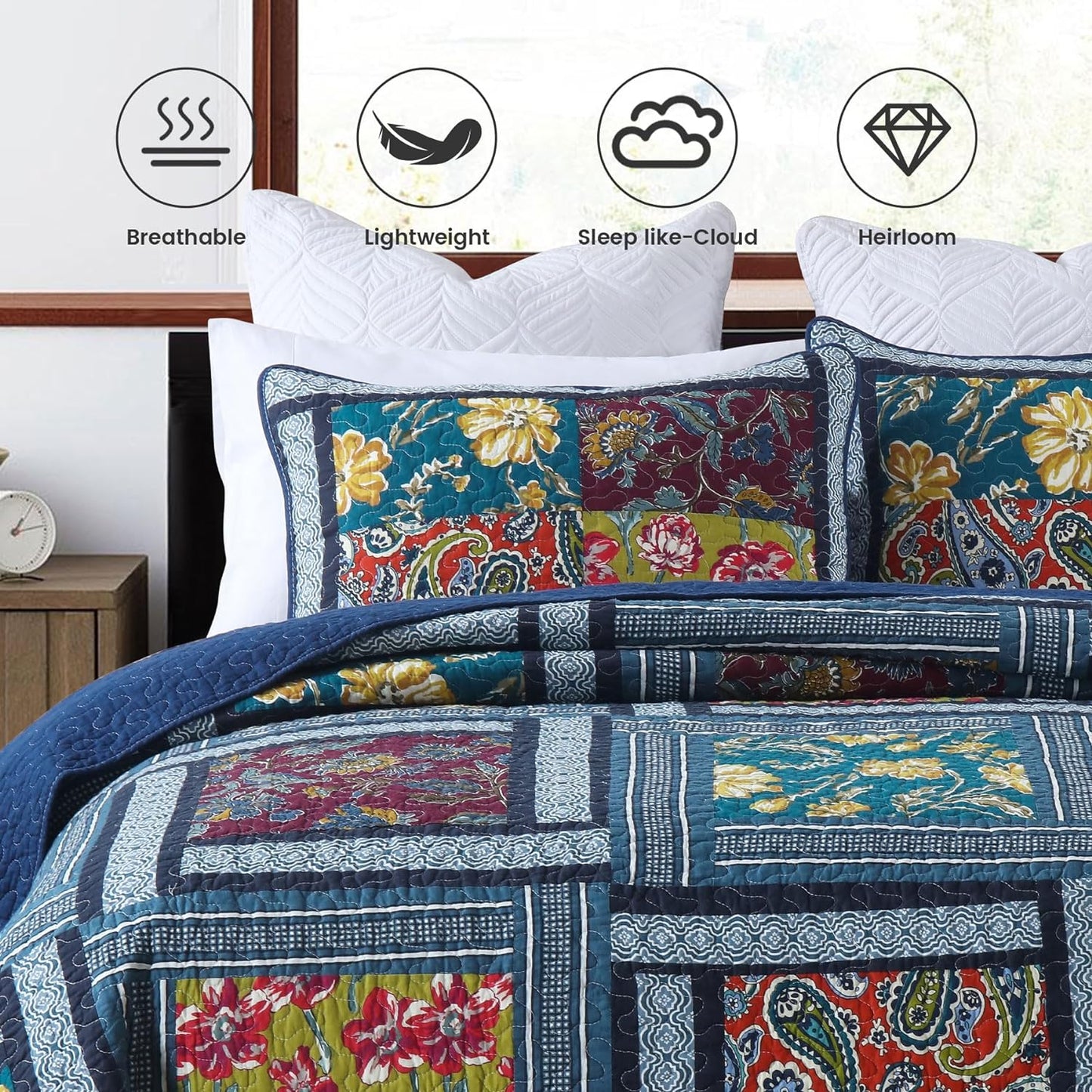 Secgo King Comforter Set for Bed - 100% Cotton Quilts Queen Size, Black Bedspreads (96 * 104 Inch) with 2 Pillow Shams