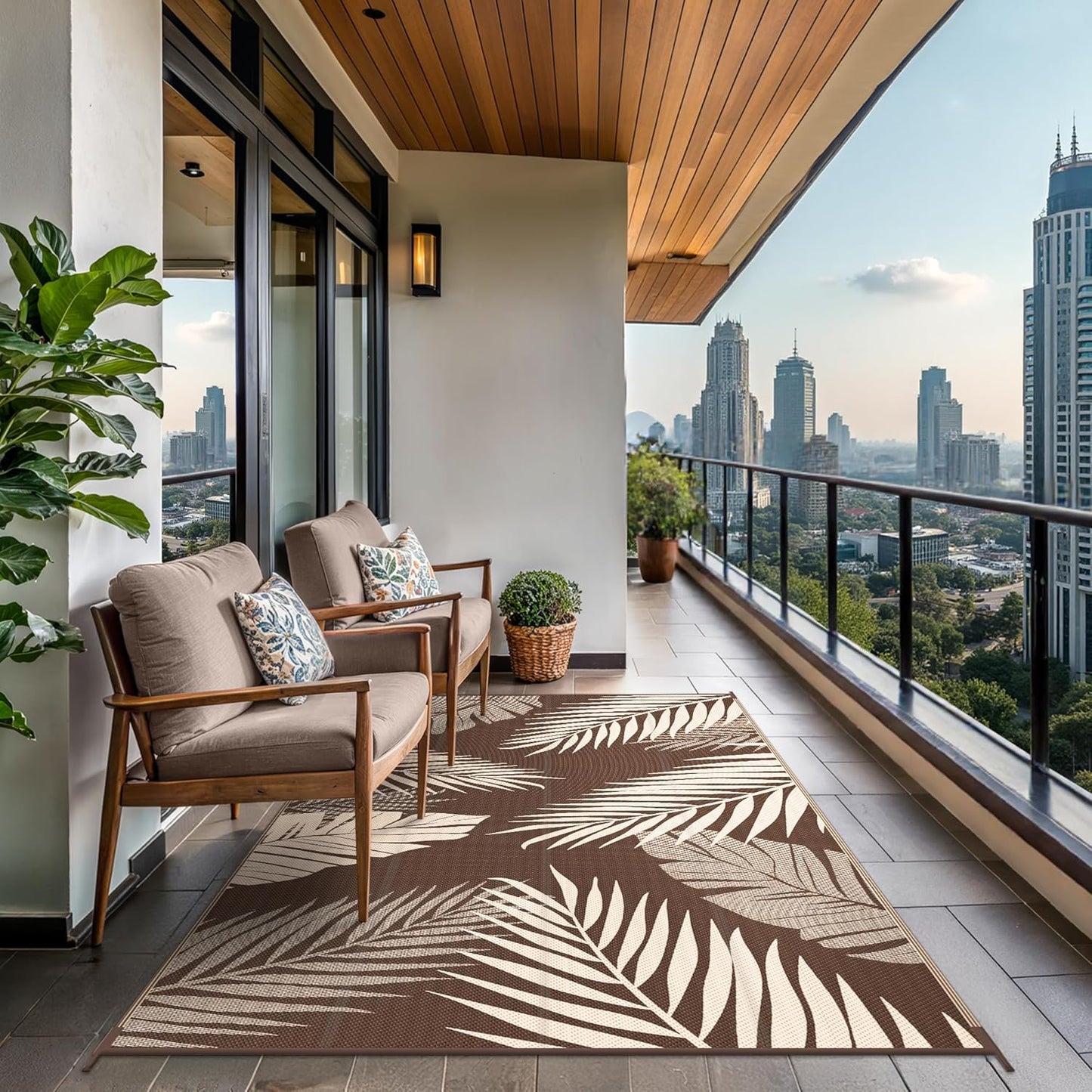 GENIMO Outdoor Rug 5' x 8' Waterproof for Patios Clearance, Reversible Outdoor Plastic Straw Camping Rug Carpet, Large Area Rugs Mats for RV, Camper, Deck, Balcony, Porch, Beach, Picnic, Coffee&Beige