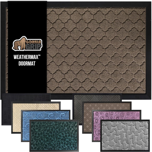 GORILLA GRIP 100% Waterproof All-Season WeatherMax Doormat, 47x35, US Designed Natural Rubber, Stain and Fade Resistant, Low Profile Indoor Outdoor Door Mats, Easy Clean Patio Mat, Latte Quatrefoil