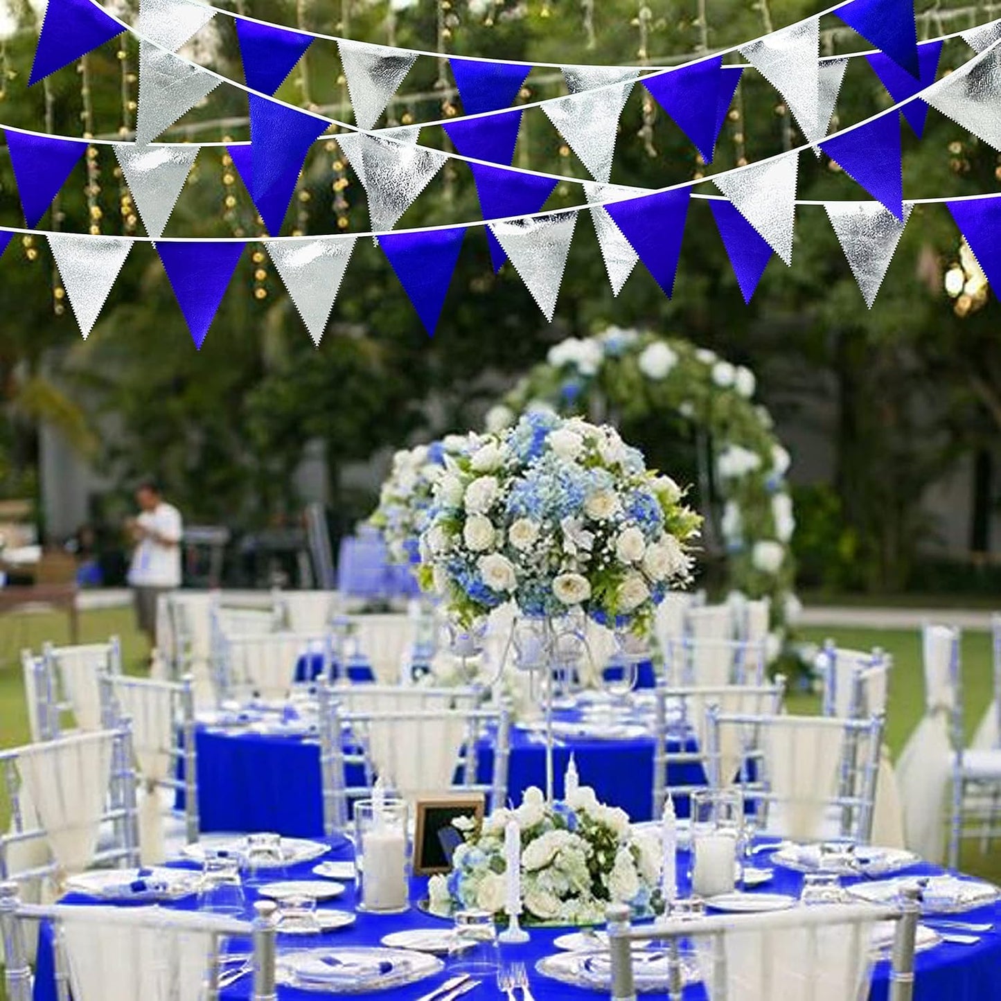 Royal Blue Silver Party Decorations Navy Blue Triangle Pennant Banner Flag Metallic Fabric Bunting Garland for Birthday Graduation Wedding Retirement Nautical Ahoy Achor Pirate Theme Party Supplies