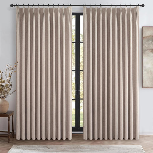 Extra Wide Linen Curtains for Living Room/Bedroom 2 Panels Set, Rustic Country Pinch Pleated Blackout Burlap Curtain Thermal Soundproof with Ceiling Track (70"Wx90"L) for 60 Inches Wide Windows