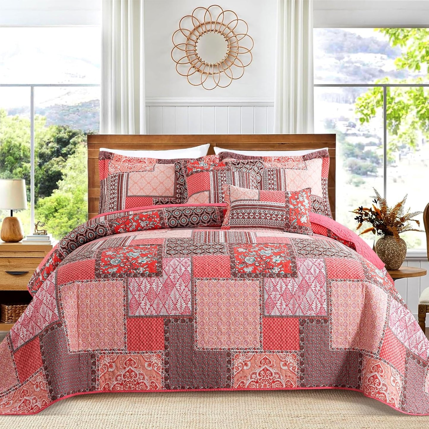 VAPUTAR Cotton Quilts Queen Size, Pink Farmhouse Bedspreads Queen Size (90 * 98 in) - 3 Pieces Lightweight Patchwork Floral Queen Quilt Bedding Set, Queen Coverlet Set Suitable for All Season