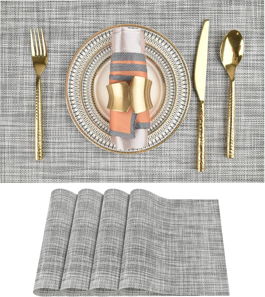 Placemats Set of 4 - Easy Clean Washable Vinyl Placemats - Wipeable Heat Resistant Table Mats for Dining Table - 17.7x11.8 Inch (4, Black & White Two-Tone)