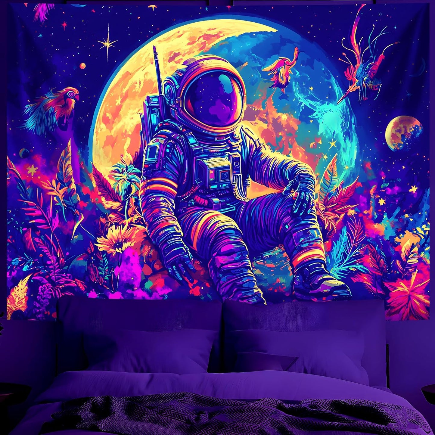 BVBOX Astronaut Space Blacklight Tapestry 79"x59", UV Reactive Astronaut Moon Garden Flower Universe Galaxy Planet Glow in Dark Tapestries, Black Light Neon Upright Poster Wall Hanging Backdrop Decor for Bedroom Living Room