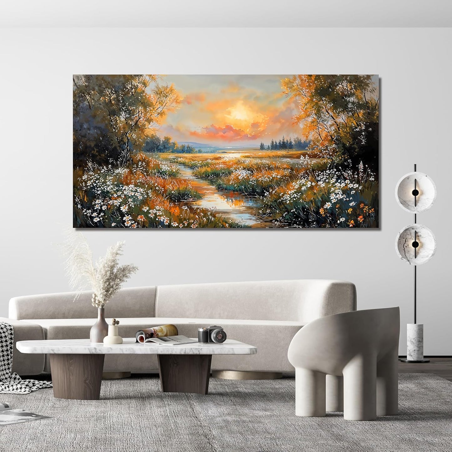 Canvas Wall Art Decor Large Vintage Wildflower Wall Art Prints Canvas Wall Art for Living Room River Sunset Art Work for Wall Decor Oversized Artwork for Walls Bedroom Office Wall art Decor 29" X 58"