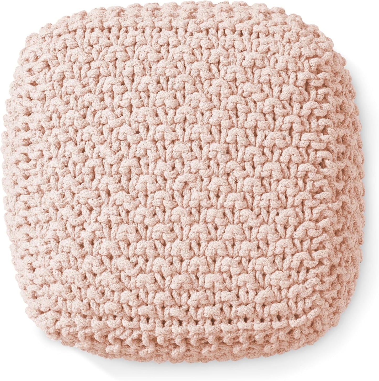 Casafield Square Pouf Ottoman, Light Pink 18.5" W x 18.5" D x 14.5" H Cotton Knit Foot Stool - Boho Floor Pouffe for Living Room, Bedroom, Home Office