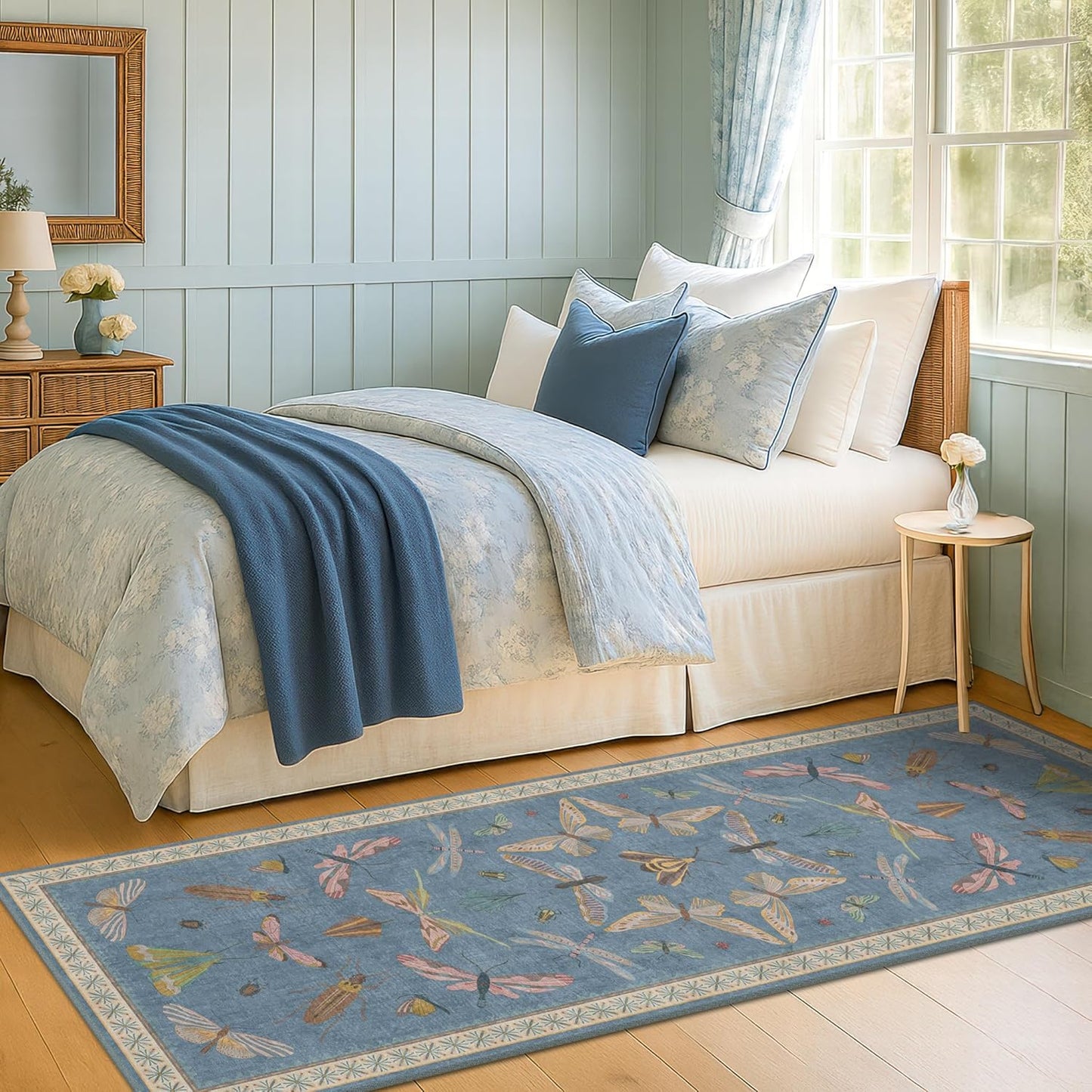 Boho Non Slip Kitchen Rug Runner - 2x6 Blue Washable Rug for Bathroom, Laundry Room, Hallway, Non Slip with Rubber Backing, Insect Print Unique Runner