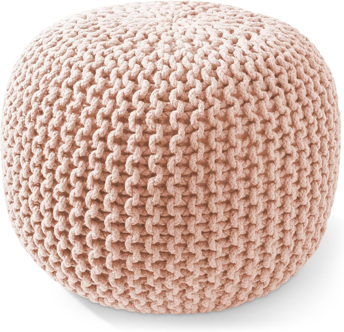 Casafield Round Pouf Ottoman, Light Pink - 20" Diameter x 14.5" High Cotton Knit Foot Stool - Boho Floor Pouffe for Living Room, Bedroom, Home Office