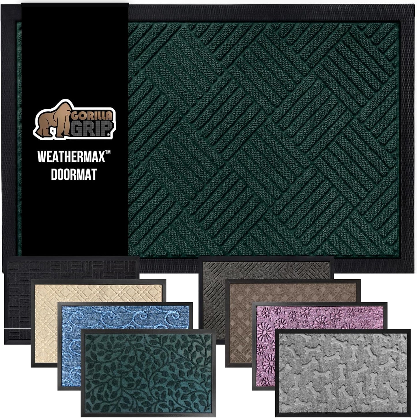 GORILLA GRIP 100% Waterproof All-Season WeatherMax Doormat US Designed Natural Rubber, Stain and Fade Resistant, Low Profile Indoor Outdoor Door Mats, Easy Clean Patio Mat, 23x35, Green Diamond