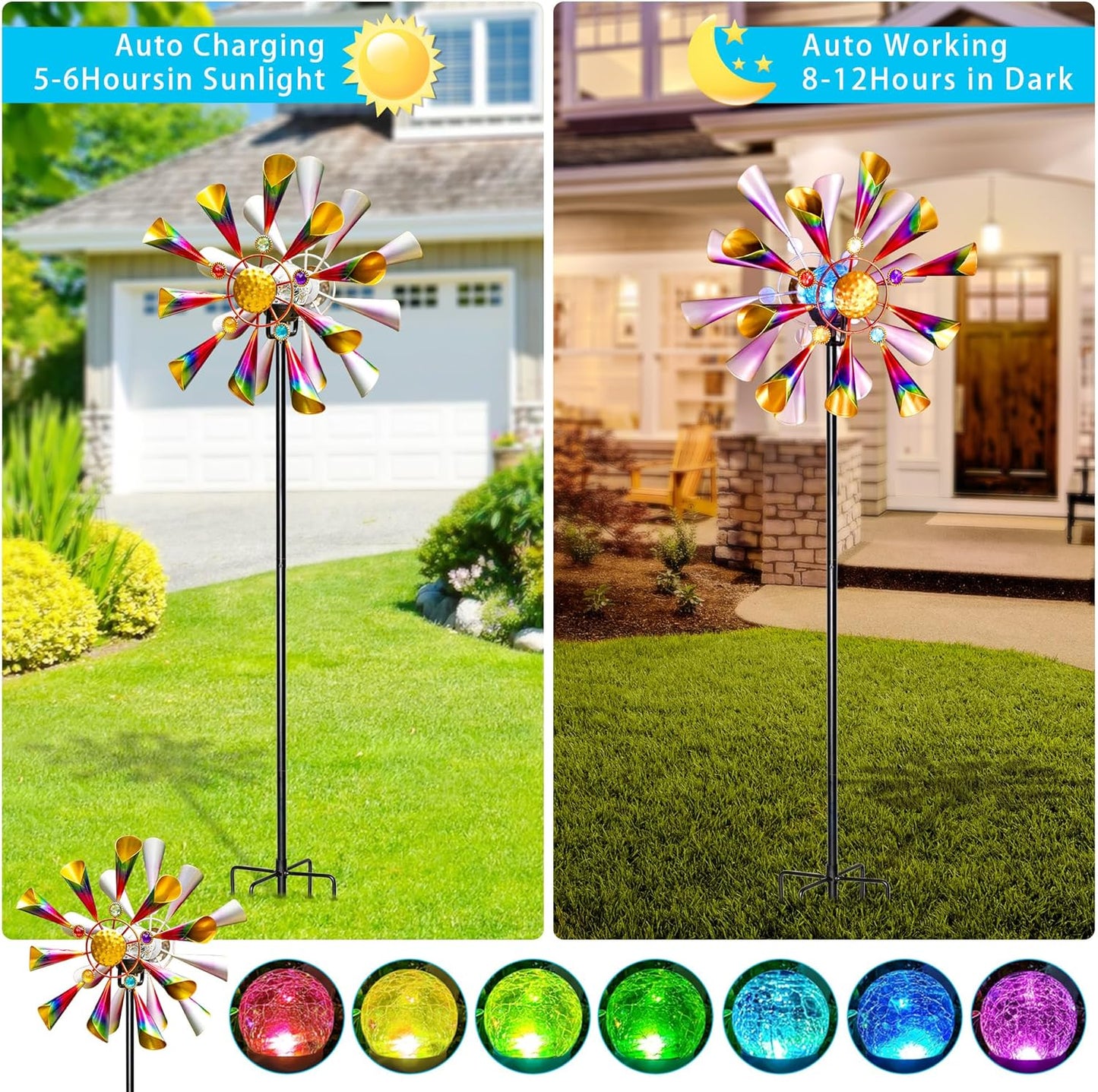54'' Wind Spinners Outdoor Solar Garden Decor Light - Unique Metal Stake Colorful Windmill, Durable Waterproof Design for Garden, Lawn, Patio