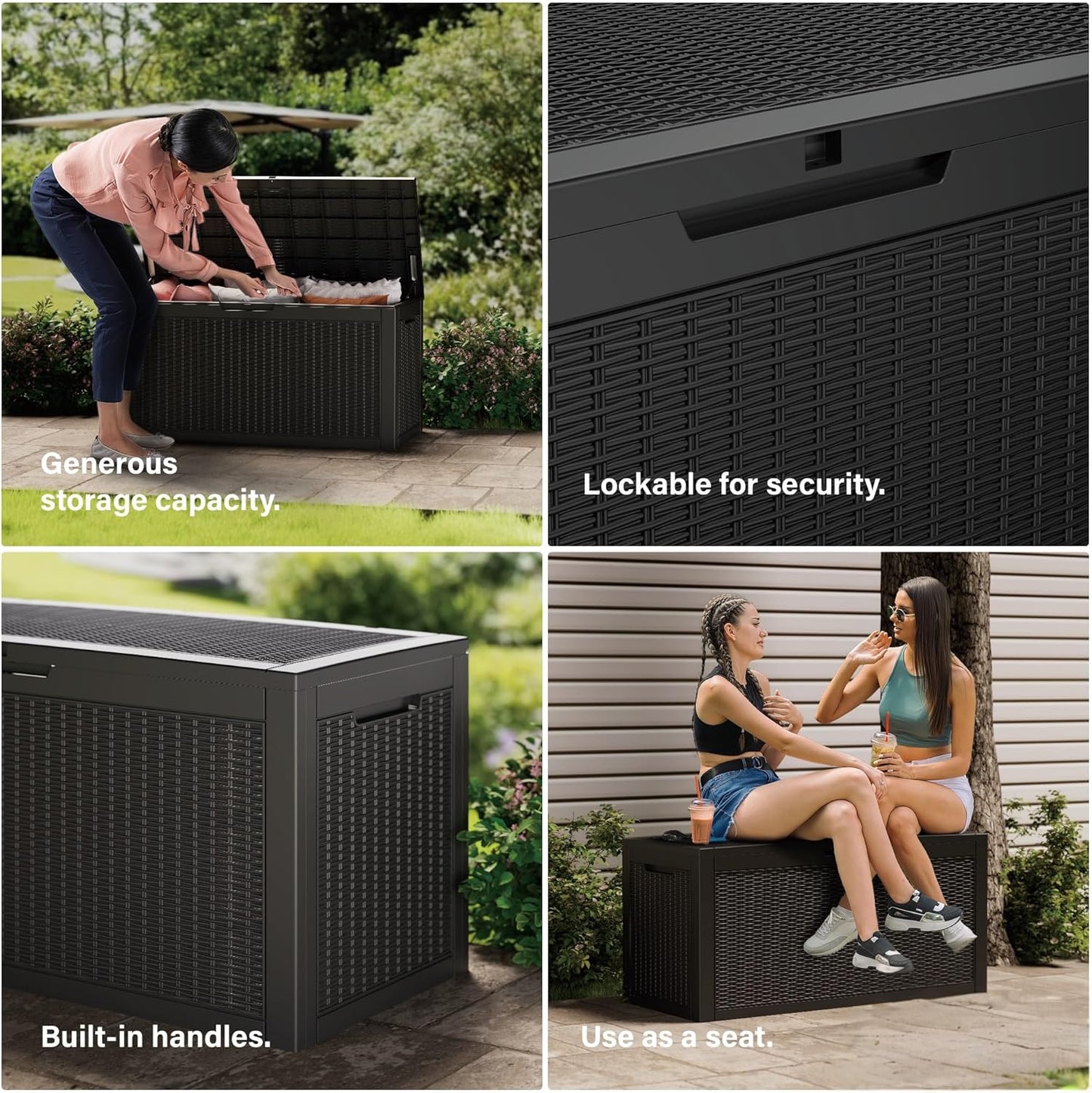 100 Gallon Double-Wall Resin Deck Box - Lockable Waterproof Outdoor Storage Box, 1000lbs Capacity & Doubles as Seating for Patio Furniture - Garden Tools, Pool Accessories (Black)
