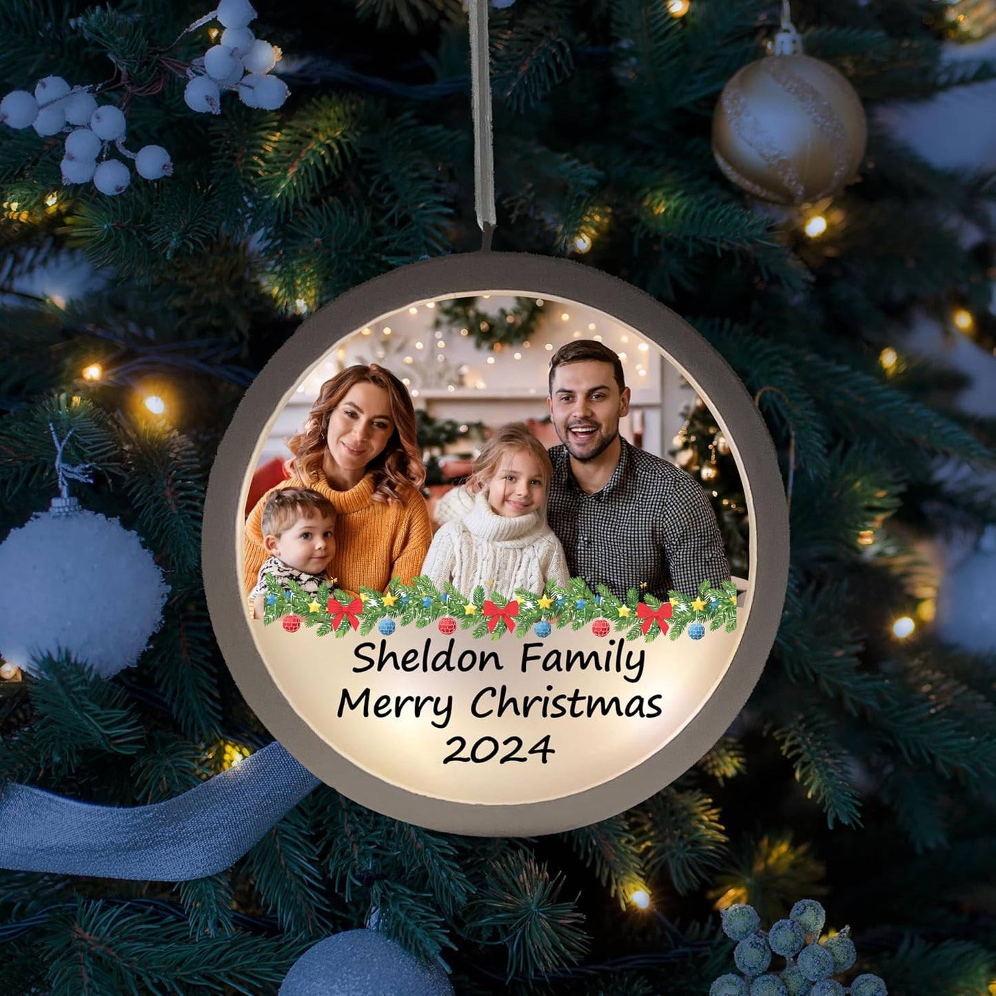 Personalized Family Christmas Ornament with Light – Custom Photo Ornaments, Customized Christmas Decoration, Picture Ornament for Tree, Customizable Family Keepsake Gift