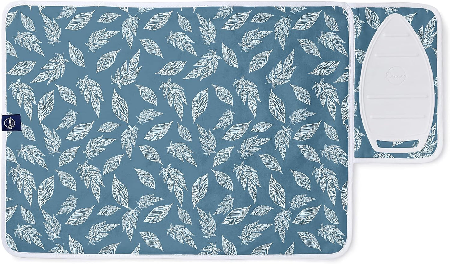 Encasa XO Ironing Mat/Pad (Small 28"x20") with 3mm Padding & Silicone Iron Rest for Steam Pressing on Tabletop or Bed - Heat Resistant, Portable, Quilting & Travel Blanket - Big Leaves Blue