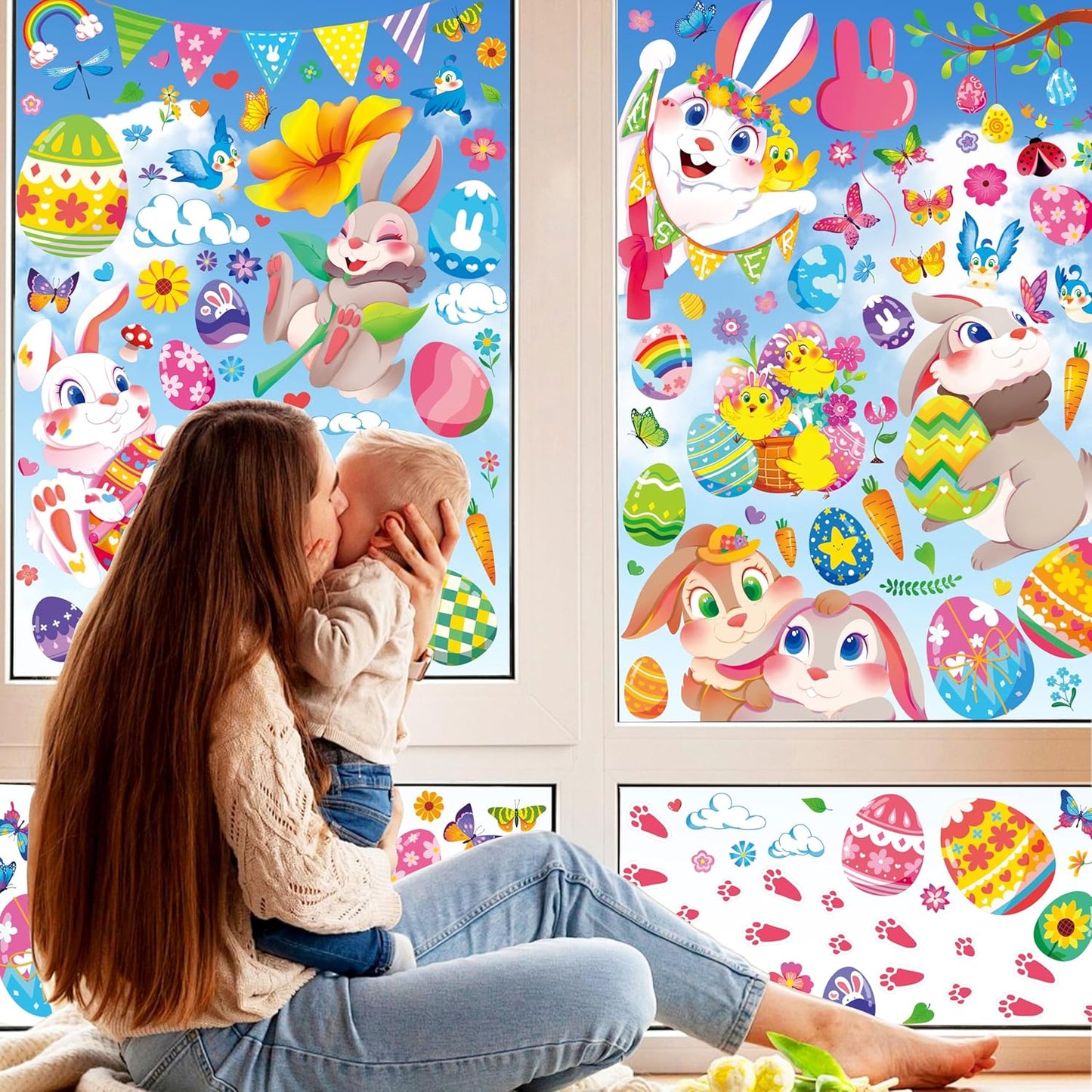 Large Easter Window Clings - Bunny Window Stickers Decals for Glass Windows, Cute Easter Egg Double Sided Reusable Window Holiday Decorations, Bird Office Spring Patry Decor, 9Sheet/121PCS