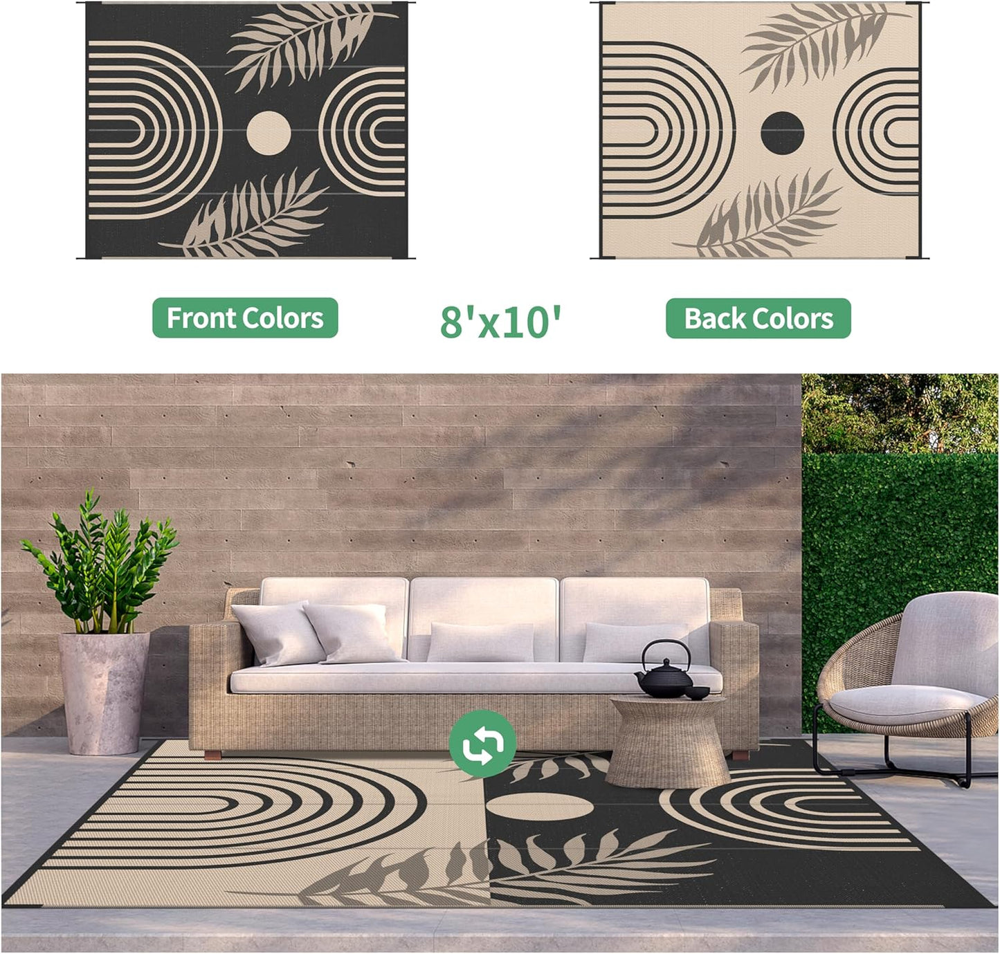 GENIMO Outdoor Rug 8' x 10' Waterproof for Patio Clearance, Reversible Lightweight Plastic Straw Camping Carpet, Large Area Rugs Mats for Rv, Backyard, Deck, Porch, Picnic, Balcony, Mix-Black & Beige