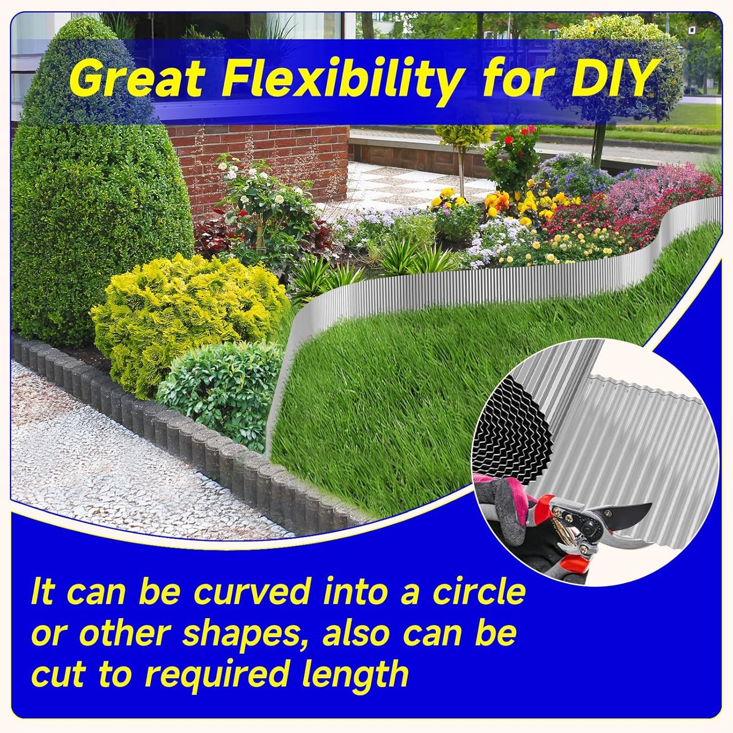 Corrugated Garden Edging,8"×20Ft Galvanized Steel Landscape Edging & Lawn Edging Border,Metal Garden Border for Flower Beds,Garden,Lawn,Raised Beds & Tree Surrounds(Silver)