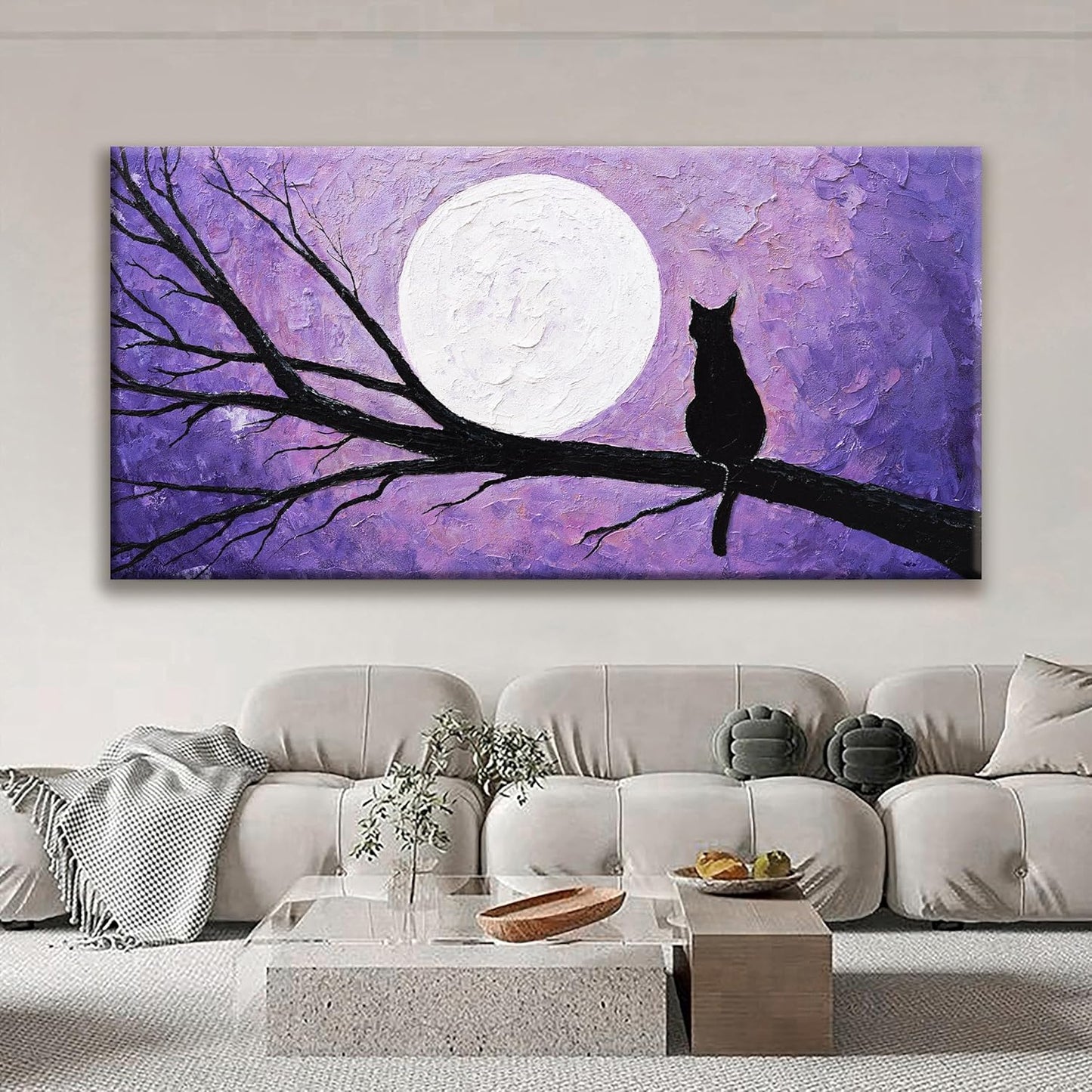 QSQ Cat Wall Art For Living Room Prints Painting Canvas Art Wall Decor Funny Monet Cat Under The Moonlight Abstract Wall Art Posters Picture For Bedroom Office Home Wall Decor Aesthetic 29" × 58"
