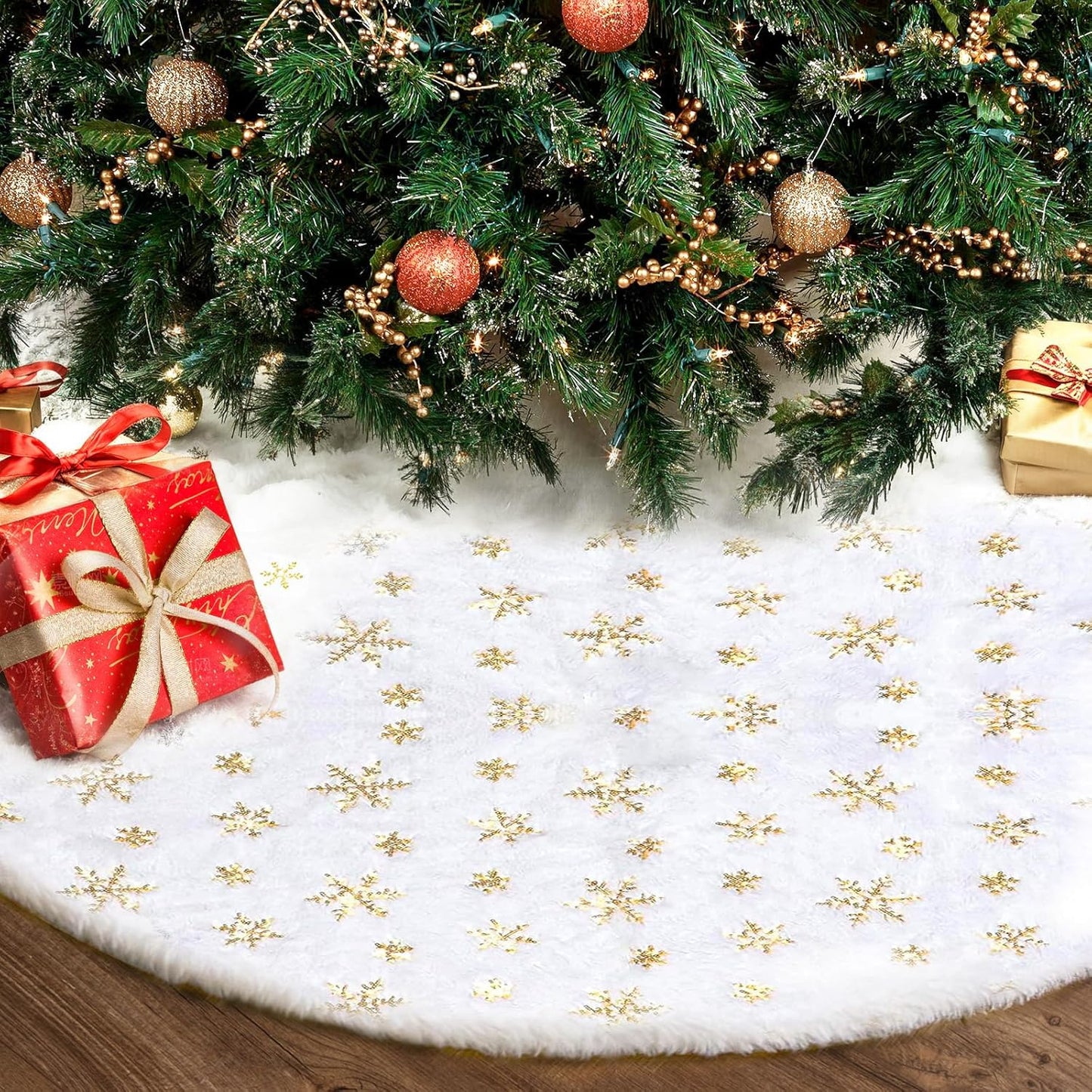 Christmas Tree Skirt 48Inch, Holiday Part Decorations for Christmas Tree, Whit Plush Glod Sequin Snowflake Tree Shirt for Xmas