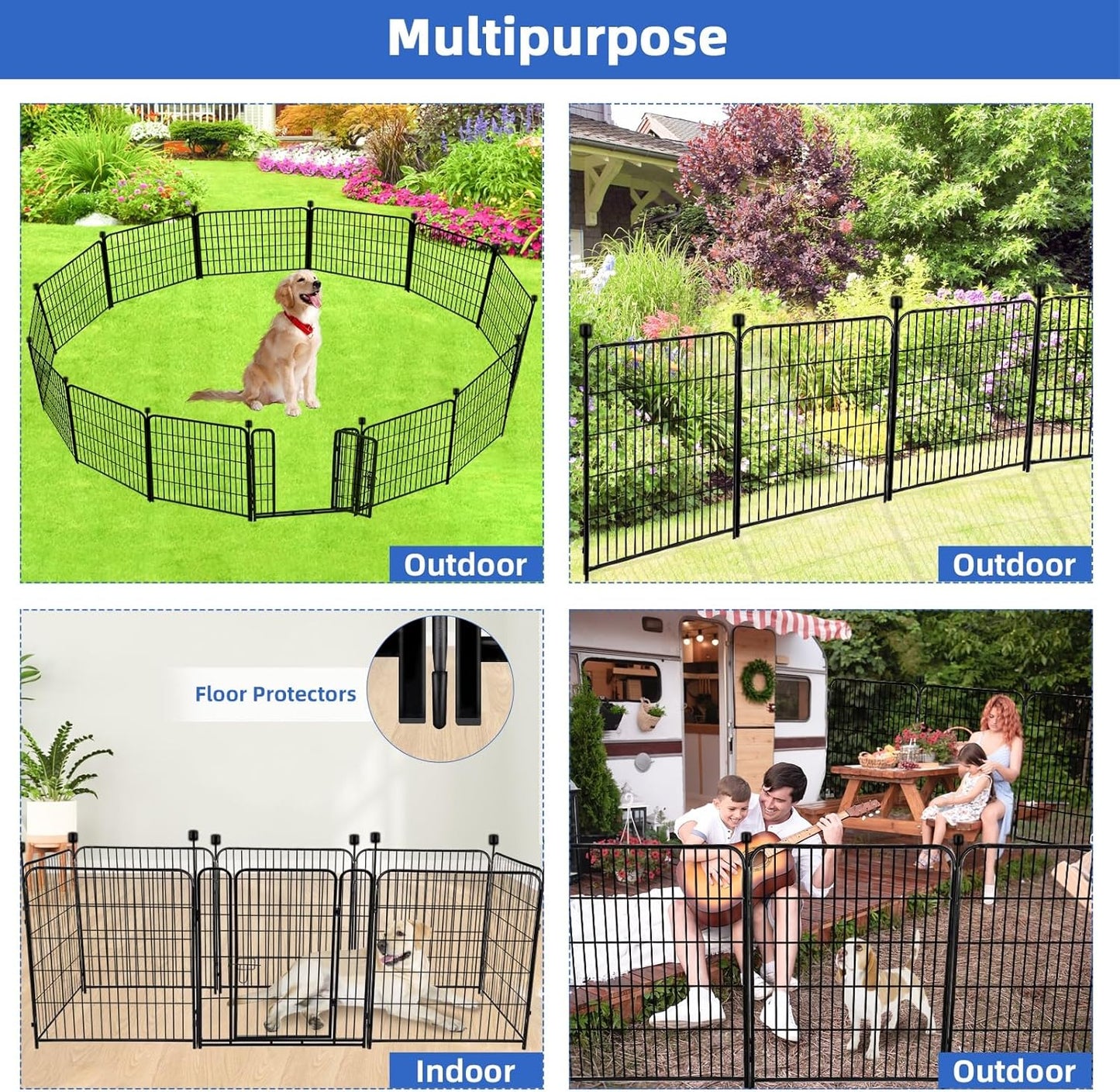 ADAVIN Tall Garden Fence 54 in(H)×22.1 Ft(L),10 Panels Dog Fence Outdoor for Yard, Heavy Duty Iron Metal Fence with Gate Low Threshold, No Dig Fences Panels, Animal Barrier Fences, Black