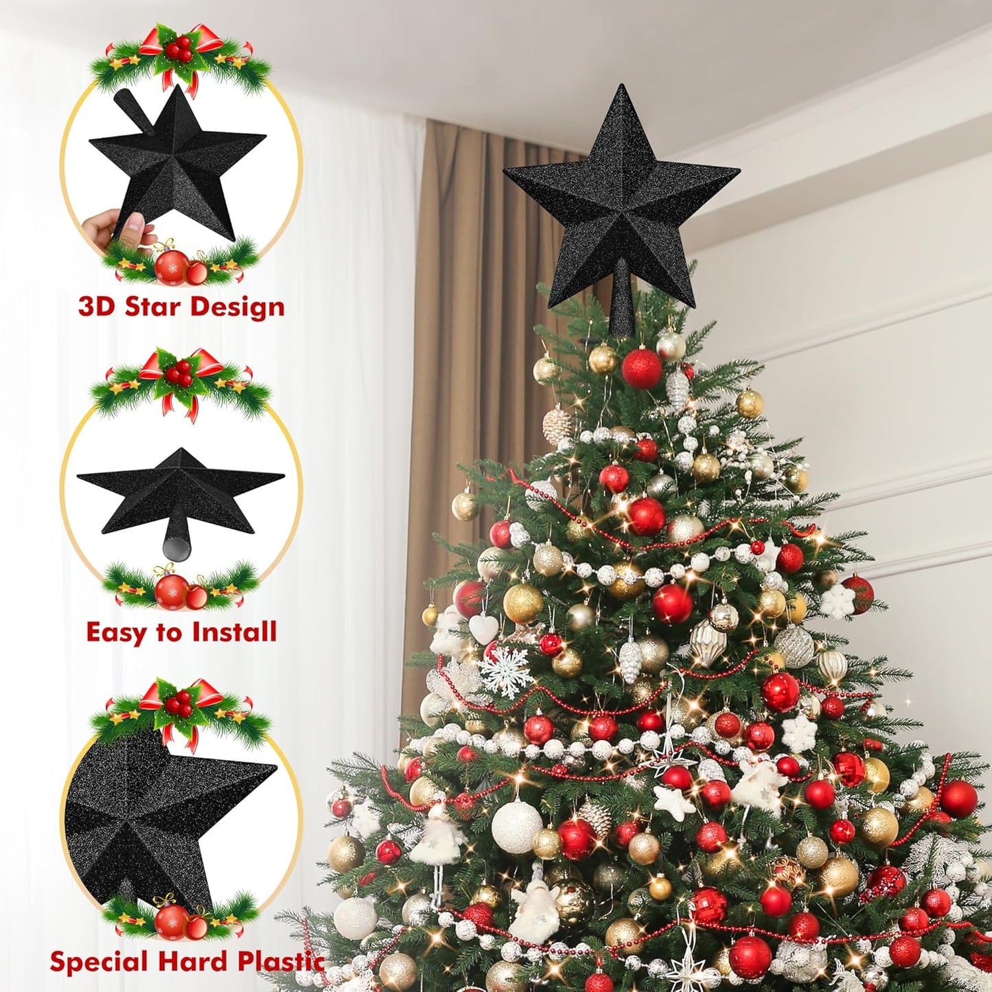 Tree Topper Star, 10" Rose Gold Christmas Star Tree Topper Accessories, Large Xmas Glitter 3D Bethlehem Tree Topper Ornament, Waterproof Holiday Christmas Tree Topper Star for Home Indoor Outdoor