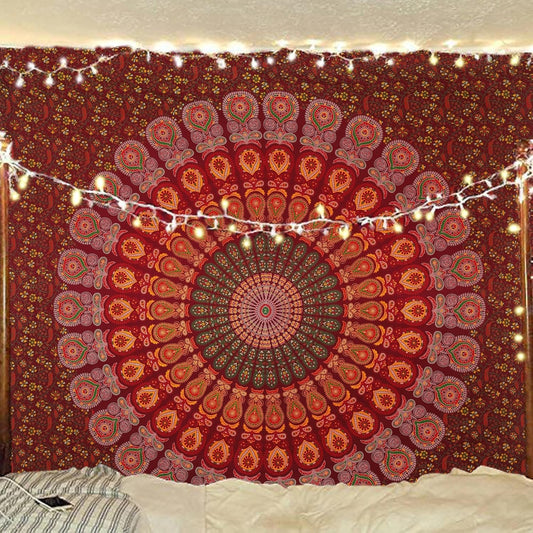 Bless International Handmade Indian hippie Bohemian Psychedelic Peacock Mandala Wall hanging College Dorm Beach Throws Table Cloth Bedding Tapestry (Maroon Yellow, Queen(84x90Inches)(215x230Cms))