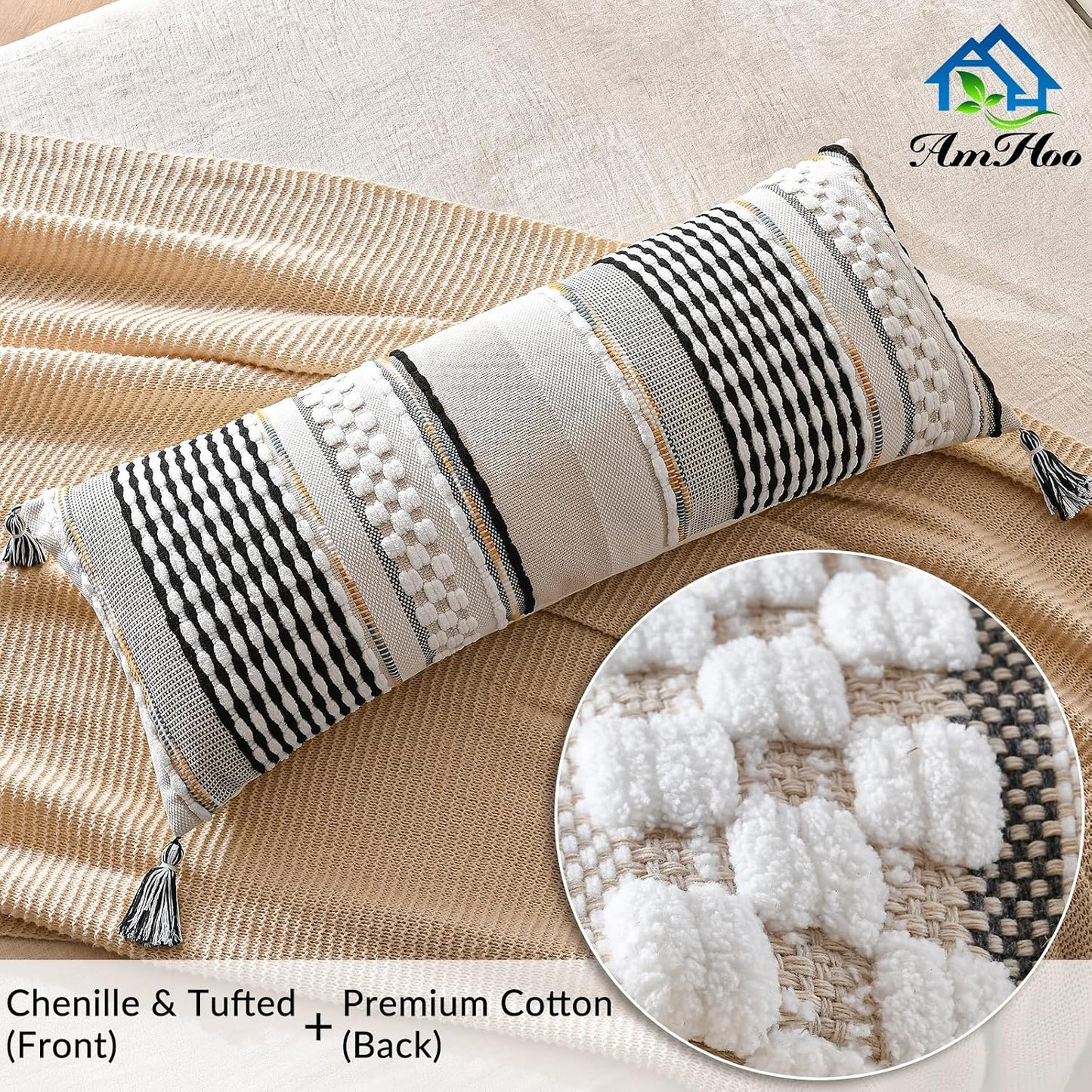 AmHoo Chenille Striped Textured Boho Throw Pillow Covers Aesthetic with Tassels Woven Decorative Pillow Case for Couch Bed Sofa Bedroom Modern Funky 14 x 36-Inch Black