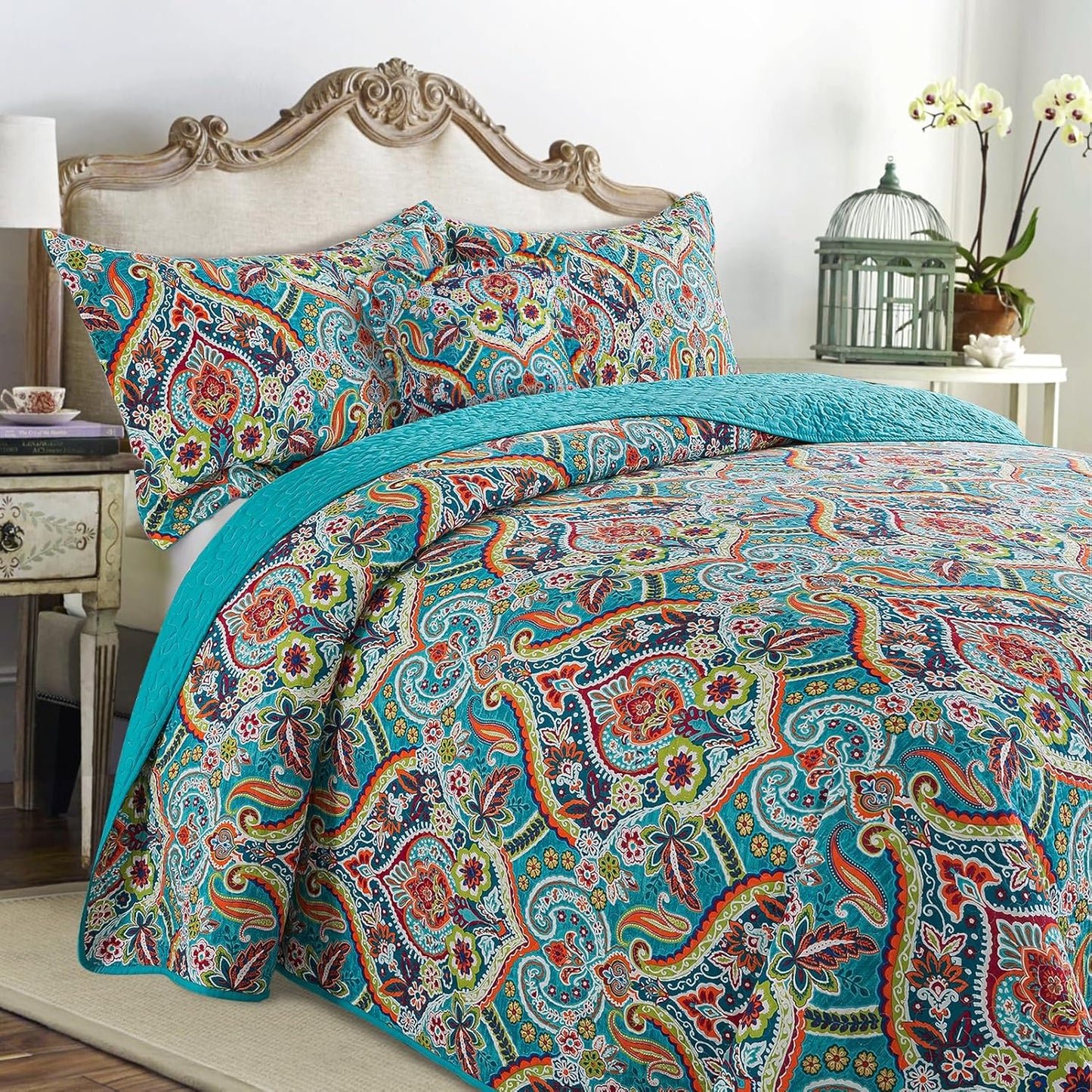 VAPUTAR Quilt Queen Bedding Set - Soft Cotton Quilts with Paisley Floral Pattern - Lightweight Reversible Bedspreads for Farmhouse (3 Pieces, Bright Teal)