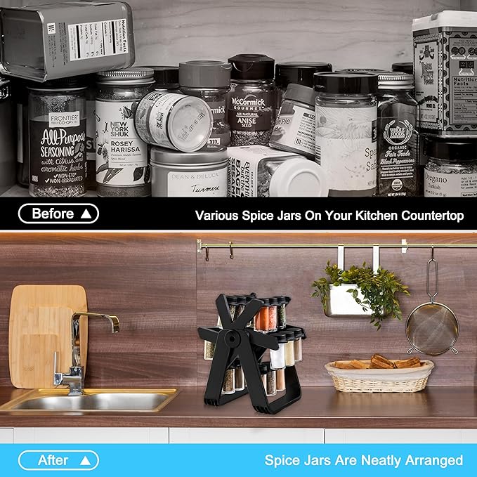 Rotating Spice Rack - Revolving Ferris Wheel Countertop Spice Organization with 18 Glass Spice Jars Countertop Spice Storage Rack for Families Kitchen