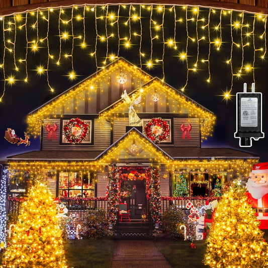 612 LED 60FT Christmas Lights with 136 Drops, 12 Modes Dimmable Warm White Outdoor Hanging Lights with Timer Memory, Waterproof Curtain Lights for Home Bedroom Indoor Tree Window Roof Fence Wedding