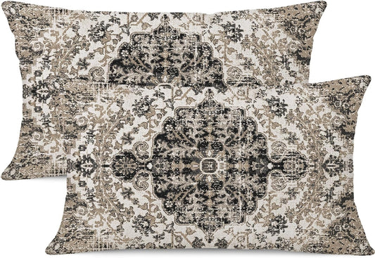 Waterproof Throw Pillow Covers 12X20 Inch Set of 2 Bohemian Vintage Carpet Pattern Black Grey Ethnic Design Decorative Farmhouse for Couch Garden Balcony (Boho-5-3)