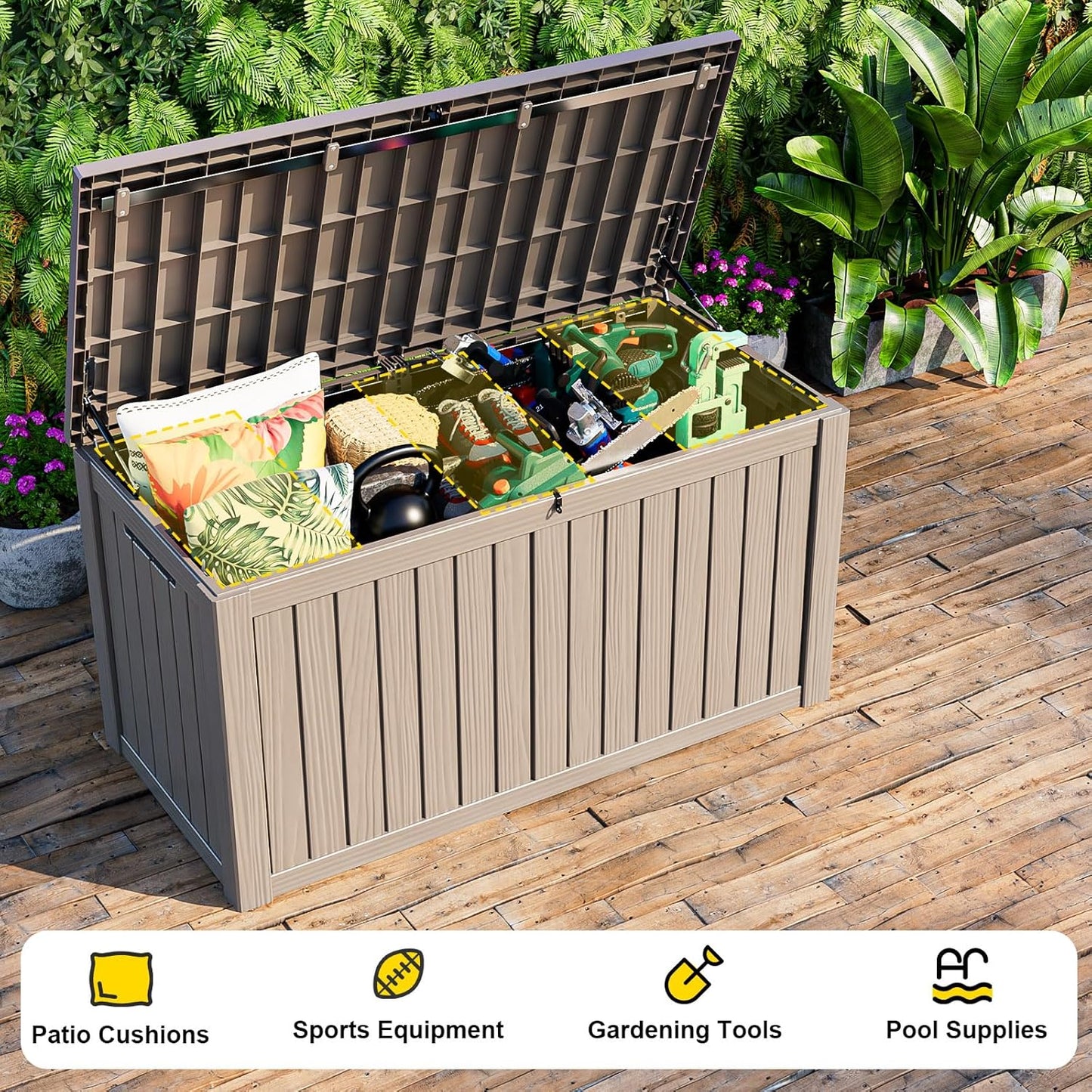 Vixzen 150 Gallon Resin Deck Box, Lockable Outdoor Storage Box for Patio Cushions Storage Furniture,Garden Tools, Pool Supplies, Weatherproof and UV Resistant- Light Brown