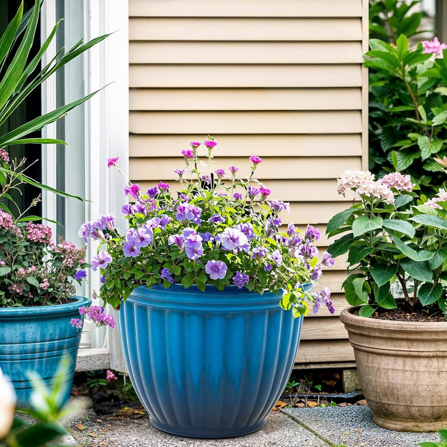 15" H Large Flower Pots, Set of 2 Plastic Planters for Outdoor Plants with Gradient Blue Finish and 3D Textures, Weather-Resistant for Porch, Garden, Patio or Indoor Use