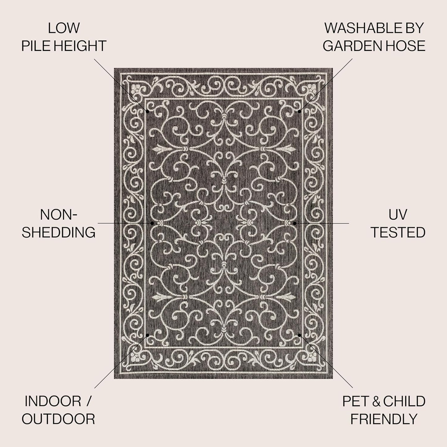 JONATHAN Y Vintage Filigree Indoor Outdoor Area Rug 4X6 Black/Gray, Charleston Textured Weave for Backyard, Patio, Porch, Easy-Cleaning, High Traffic, Pet-Friendly, Non-Shedding (SMB106G-4)