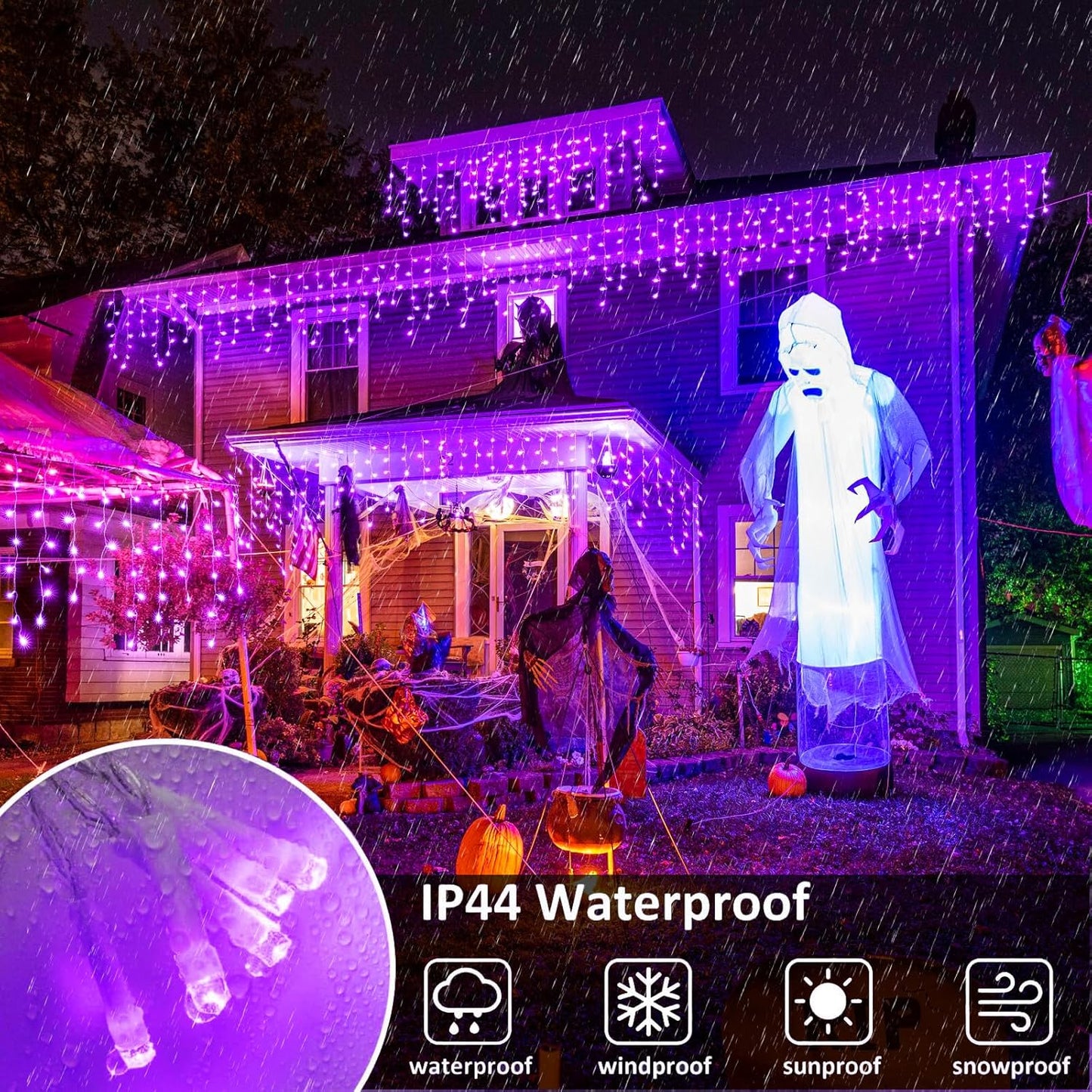 640 LED Purple Halloween Lights Outdoor, 66FT Icicle Lights for Outside with 8 Modes 120 Drops, Waterproof Plug in String Curtain Light for Indoor House Room Patio Party Decorations