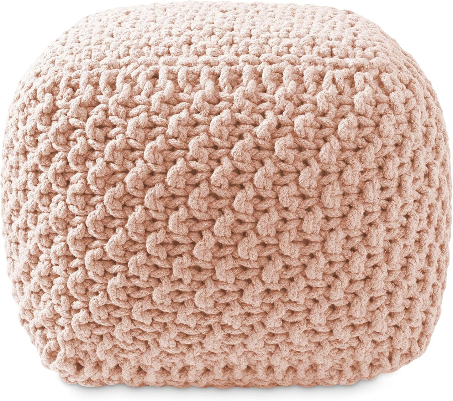 Casafield Square Pouf Ottoman, Light Pink 18.5" W x 18.5" D x 14.5" H Cotton Knit Foot Stool - Boho Floor Pouffe for Living Room, Bedroom, Home Office