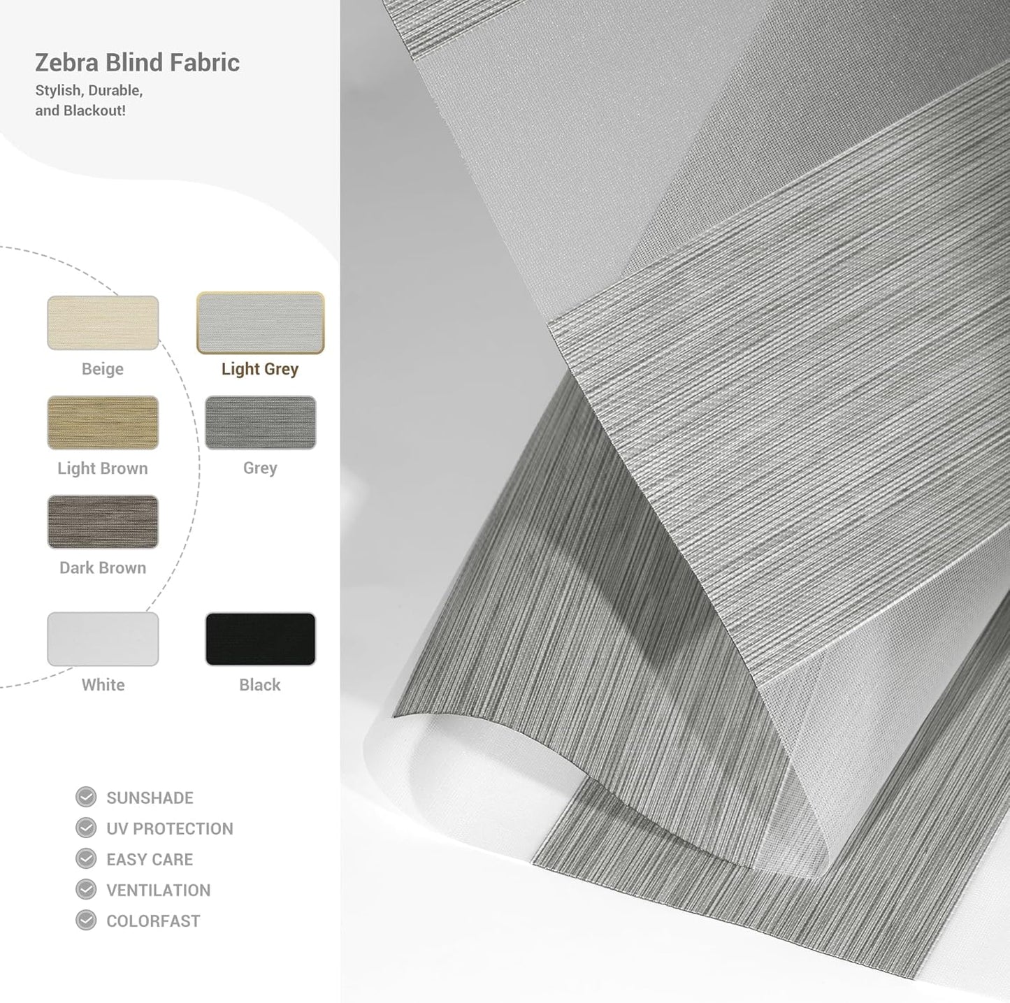 Cordless Zebra Blinds for Windows, Blackout Interior Blinds,Easy to Install,UV Protection,for Offices and Home,Custom Roller Shades, Mousse Light Grey,57" W x 36" H