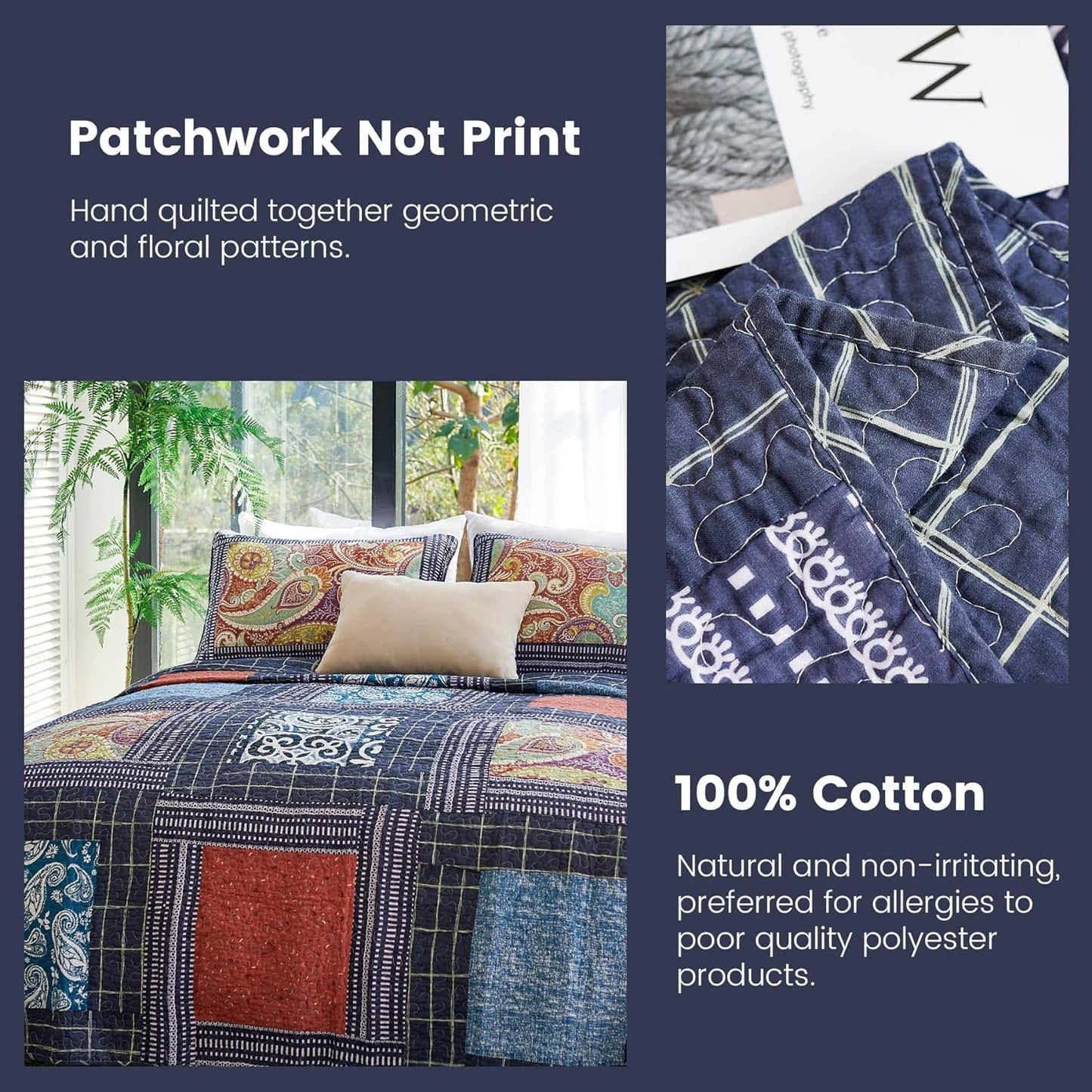 Secgo Queen Comforter Set for Bed - 100% Cotton Quilts Queen Size, Black Bedspreads (90 * 98 Inch) with 2 Pillow Shams, Patchwork Reversible Lightweight Bedding